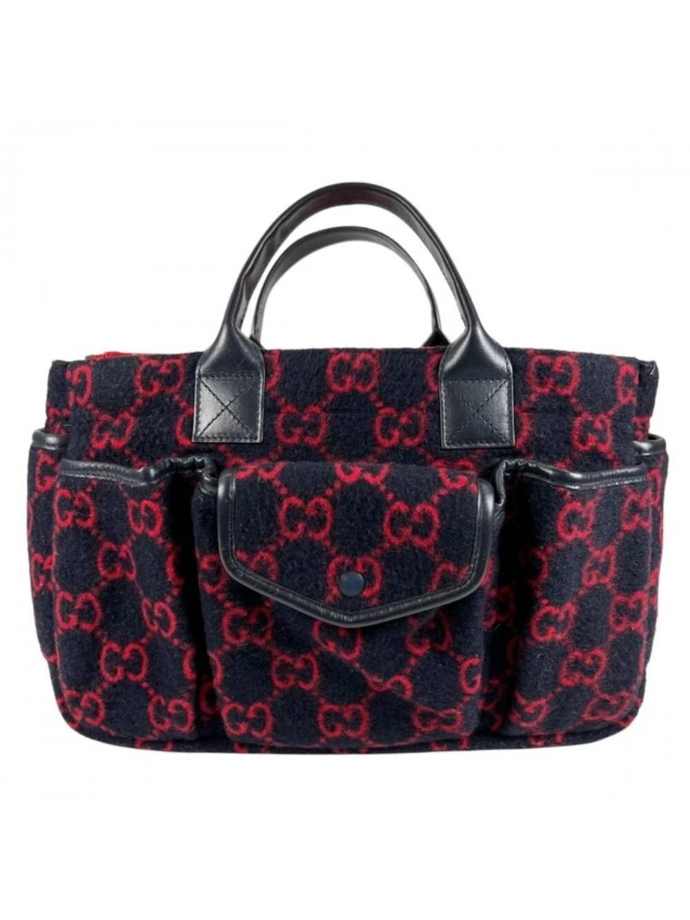 Gucci Handbag Multi Pocket Leather GG Wool Red Blue Silver